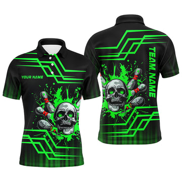 Men's Black & Green Bowling Skull Polo, Quarter Zip Jersey N7956