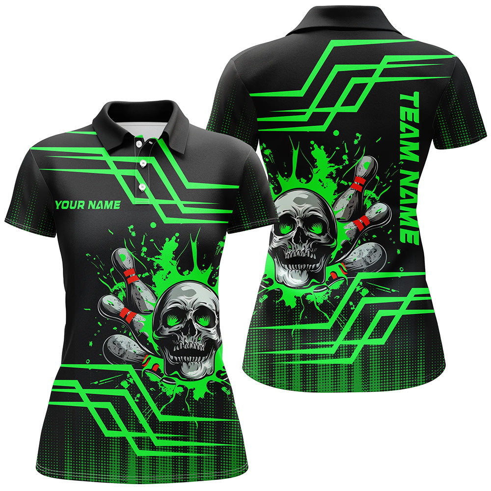 Women's Black & Green Bowling Skull Polo, Quarter Zip N7956