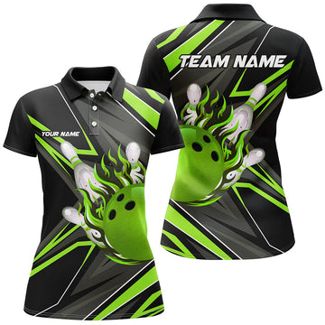 Women's Black & Green Bowling Polo Shirt with Flame Design N7386