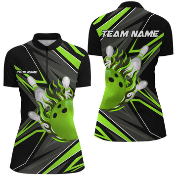 Women's Black & Green Bowling Quarter Zip Shirt - Flame Design N7386
