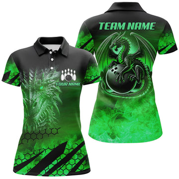 Women's Black & Green Dragon Flame Bowling Shirts N8385