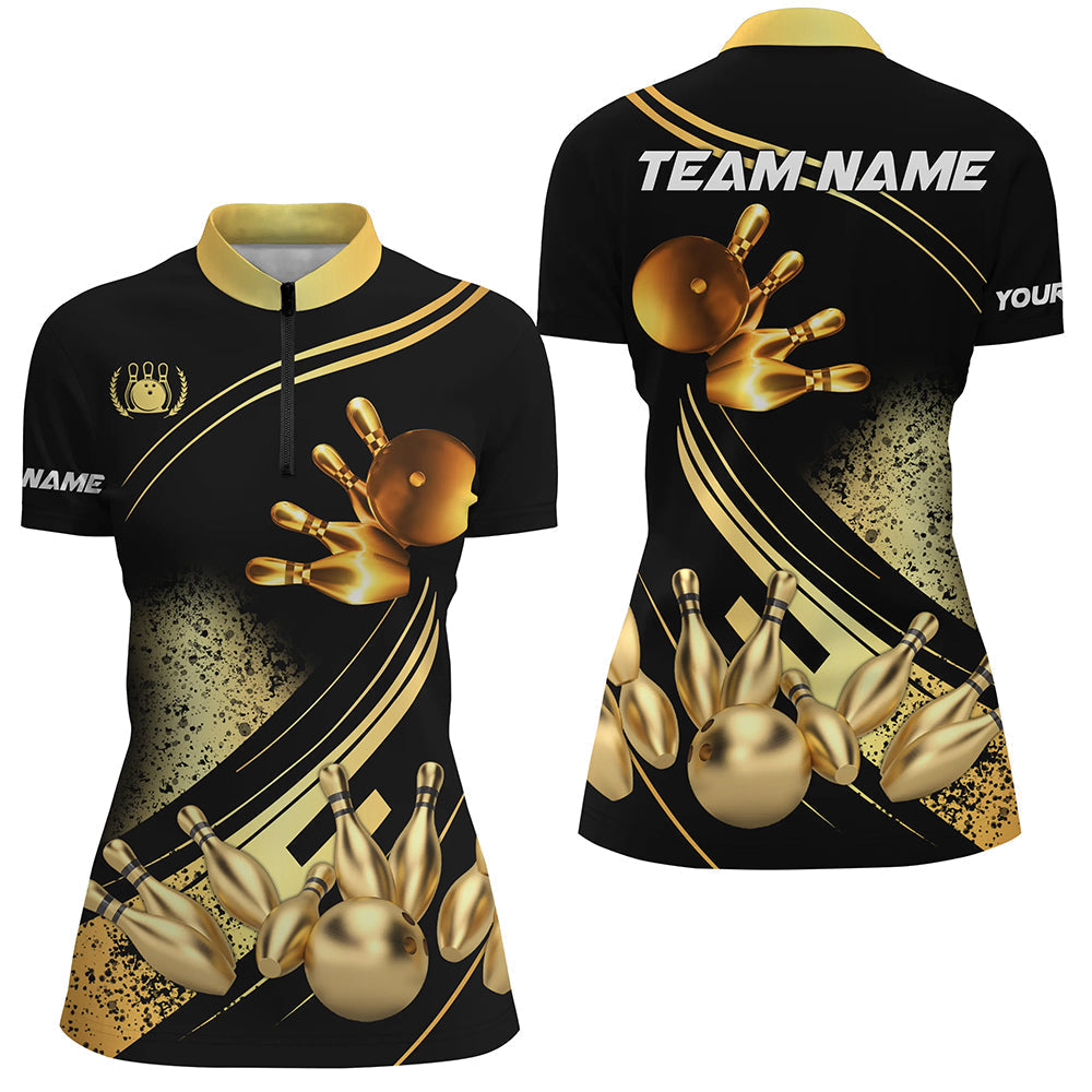 Black & Gold Women's Quarter Zip Bowling Shirt N7222