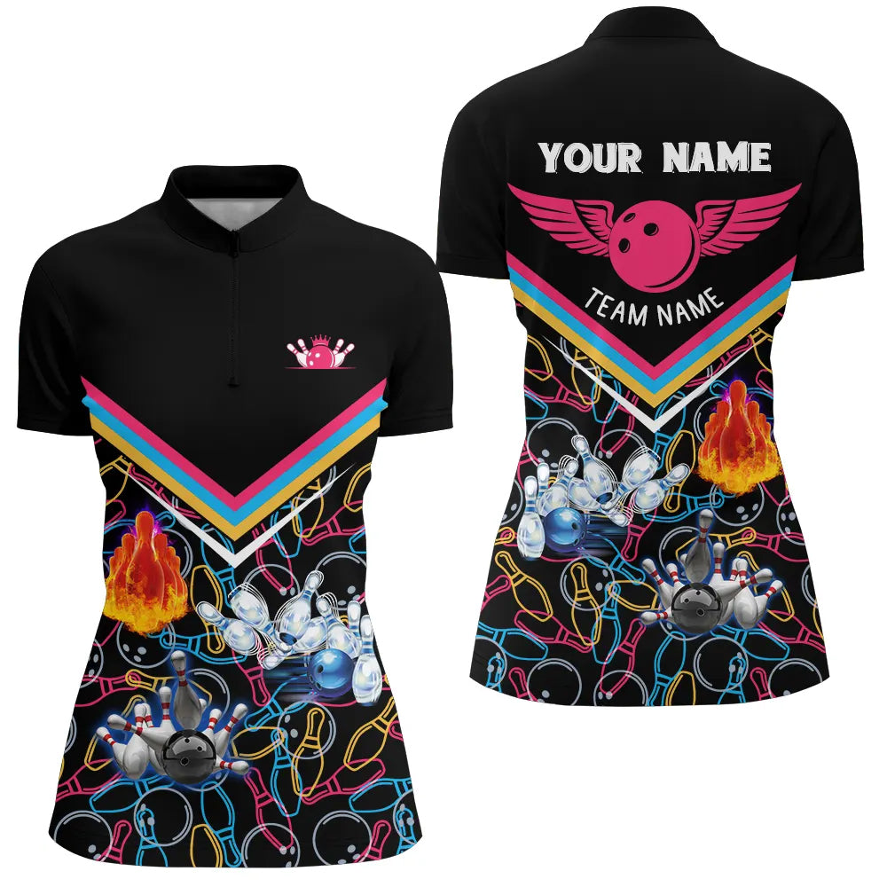 Custom Black 3D Quarter Zip Bowling Shirt for Women N5385