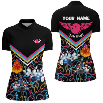 Custom Black 3D Quarter Zip Bowling Shirt for Women N5385
