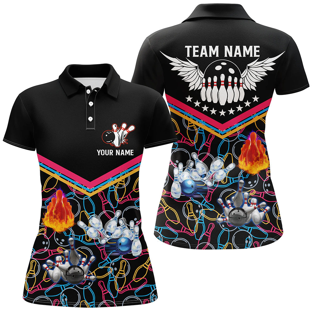 Black Multicolour Bowling Polo Shirt for Women N5386