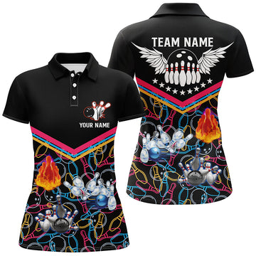 Black Multicolour Bowling Polo Shirt for Women N5386