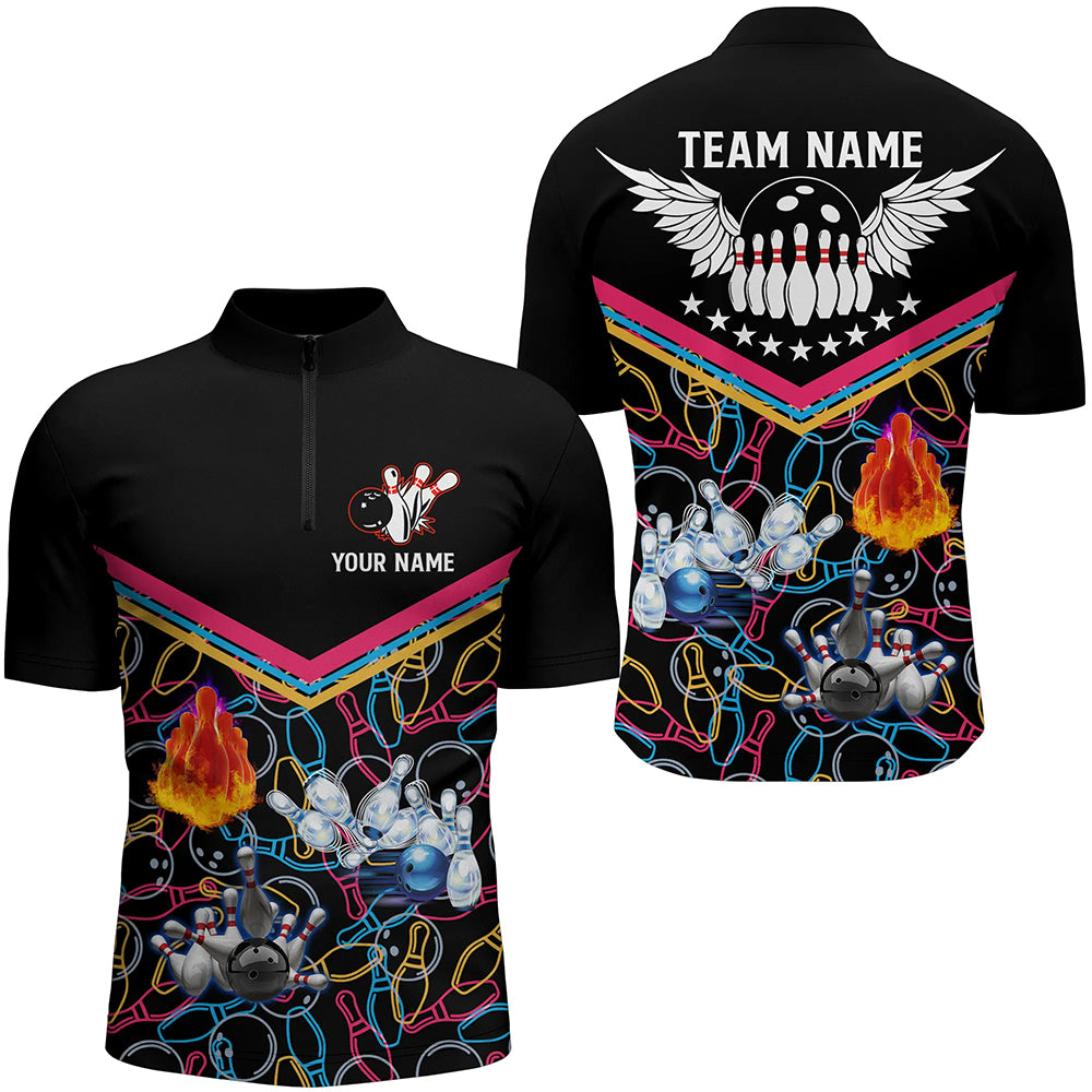 Black Multicolour Bowling Quarter Zip Shirt for Men N5386