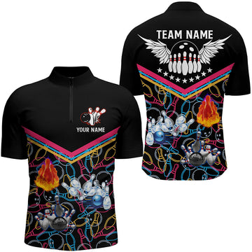 Black Multicolour Bowling Quarter Zip Shirt for Men N5386