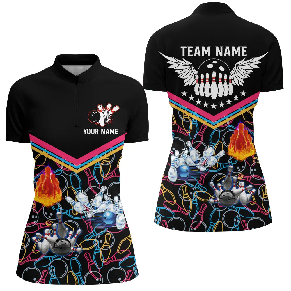 Black Multicolour Bowling Quarter Zip Shirt for Women N5386