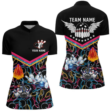 Black Multicolour Bowling Quarter Zip Shirt for Women N5386