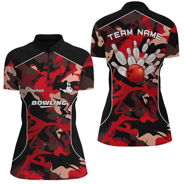 Women's Red Camo Bowling Quarter Zip Team Jersey N6487