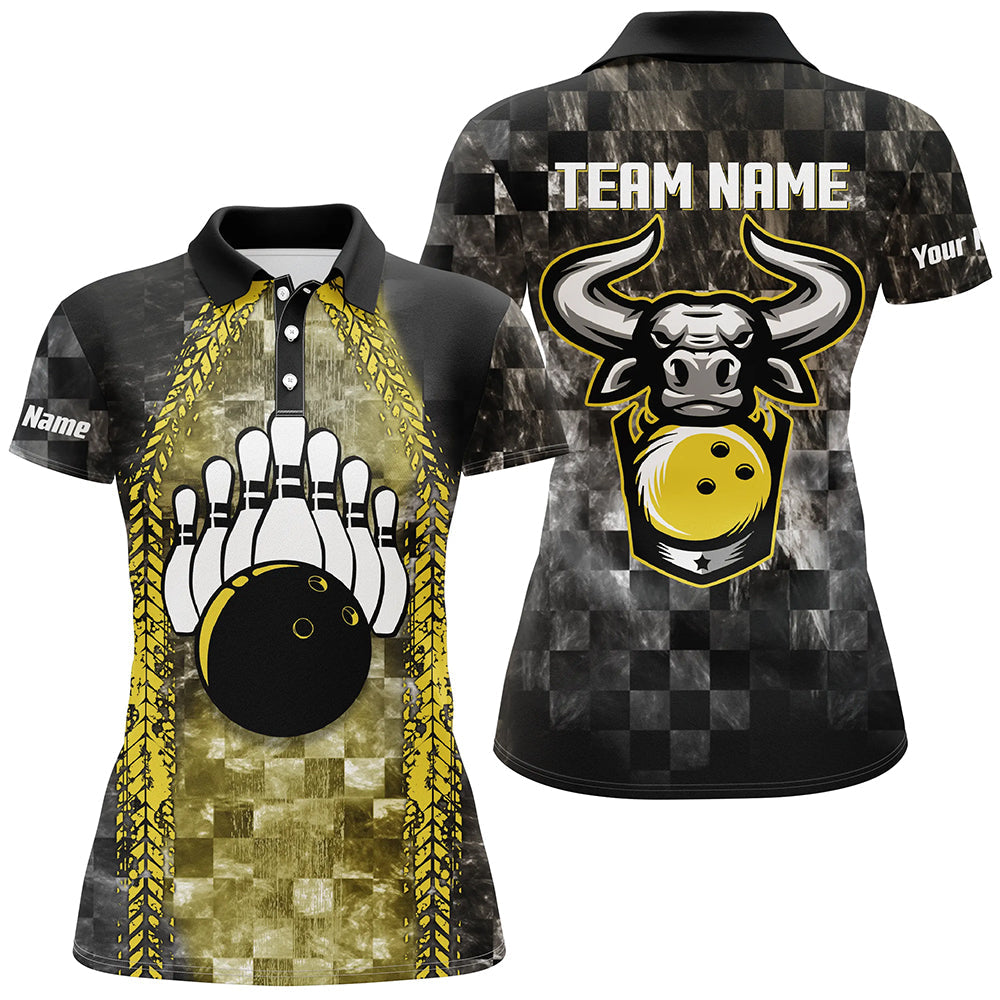 Women's Black & Yellow Bowling Polo Shirt - Custom Team Jersey N6499