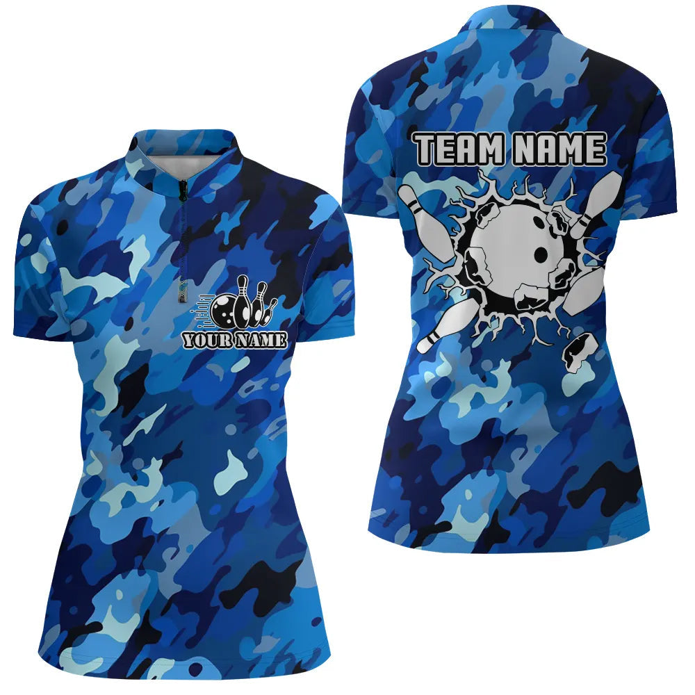 Women's Blue Camo Bowling Quarter Zip Jersey N6285
