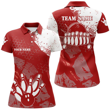 Red & White Women's Bowling Polo Shirt - Custom Retro Design N6500