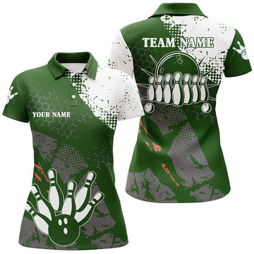 Green & White Women's Bowling Polo Shirt - Retro Bowling Ball Pins N6501