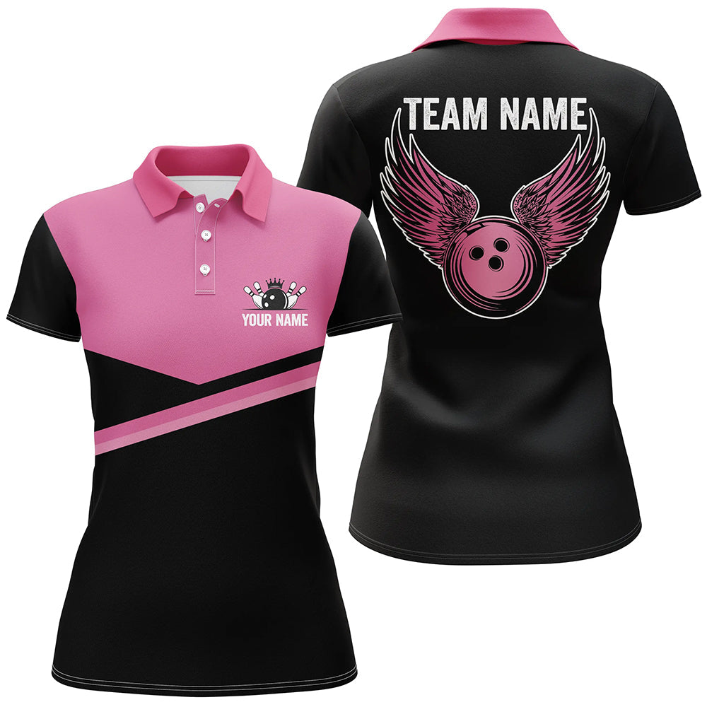 Women's Black & Pink Bowling Polo Shirt - Custom Team Jersey N7407