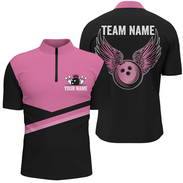 Men's Black & Pink Bowling Quarter Zip Shirt - Custom Team Jersey N7407