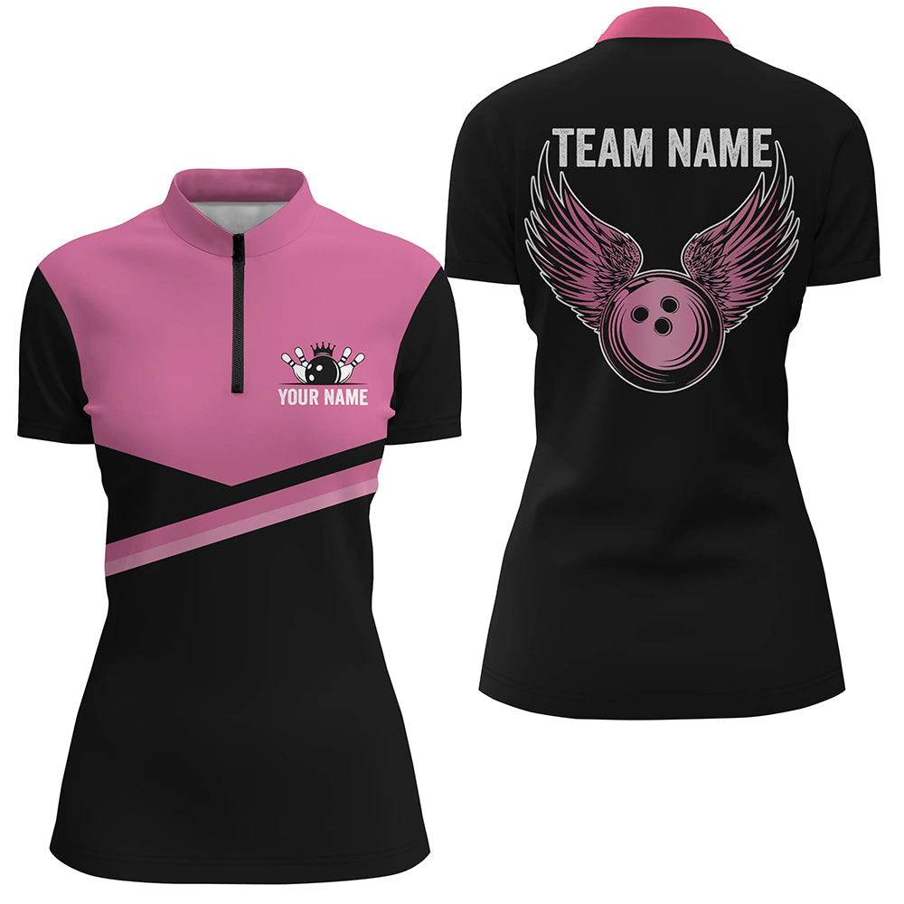 Women's Black & Pink Bowling Quarter Zip Shirt - Custom Team Jersey N7407