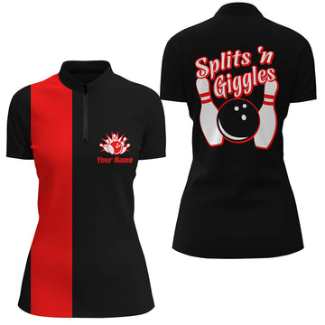 Women's Retro Bowling Quarter-Zip Shirt - Personalised Black & Red N6073