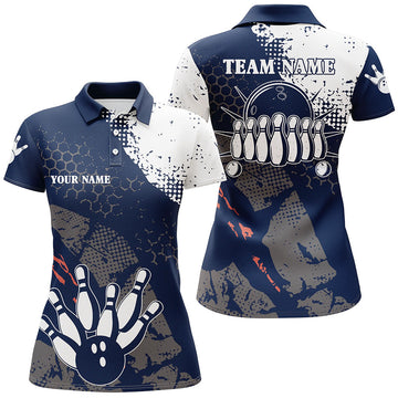 Navy & White Women's Bowling Polo Shirt - Retro Team Jersey N6313