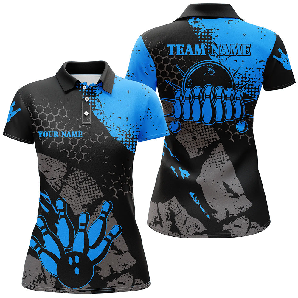 Women's Black & Blue Retro Bowling Polo Shirt N6314