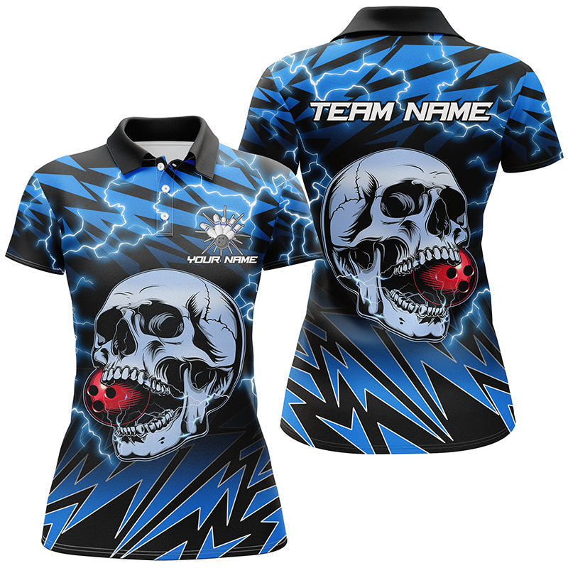 Women's Custom Blue Lightning Skull Bowling Polo N7420