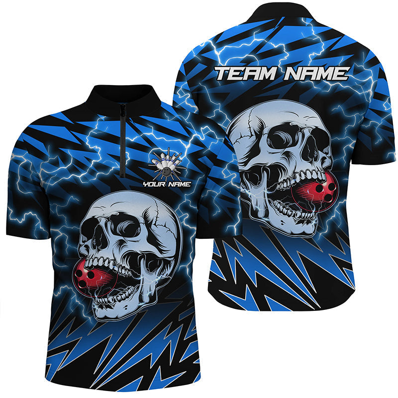 Men's Bowling Quarter Zip Shirt - Custom Blue Thunder Skull Jersey N7420