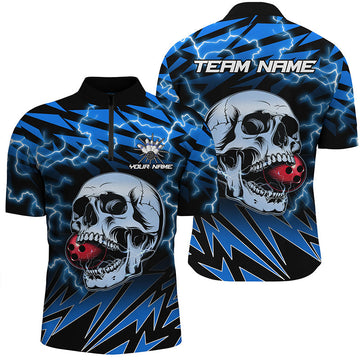Men's Bowling Quarter Zip Shirt - Custom Blue Thunder Skull Jersey N7420