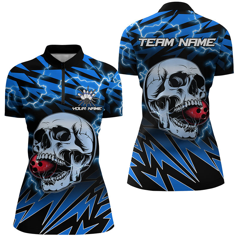 Women's Bowling Quarter Zip Shirt - Custom Blue Lightning Thunder Skull N7420