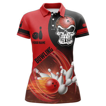 Women's Custom Skull Bowling Team Polo Shirt - Red/Black N6082