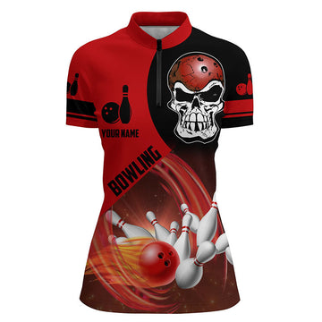Women's Custom Skull Bowling Team Quarter-Zip Shirt - Red/Black N6082