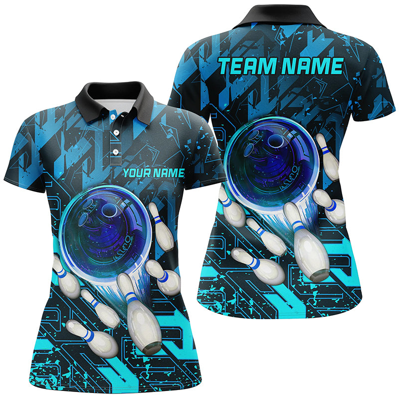 Women's Blue Abstract Bowling Polo Shirt - Custom Team Jersey N7247