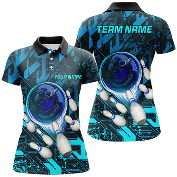 Women's Blue Abstract Bowling Polo Shirt - Custom Team Jersey N7247