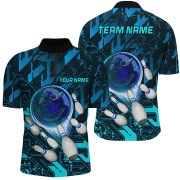 Men's Blue Abstract Bowling Quarter Zip Shirt N7247