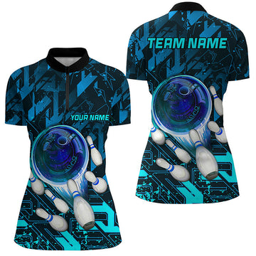 Women's Custom Blue Abstract Bowling Quarter Zip Jersey N7247