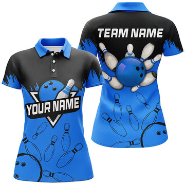 Women's Custom Black & Blue Bowling Polo Shirt N7248