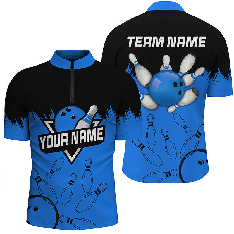 Men's Custom Black and Blue Bowling Quarter Zip Shirt N7248