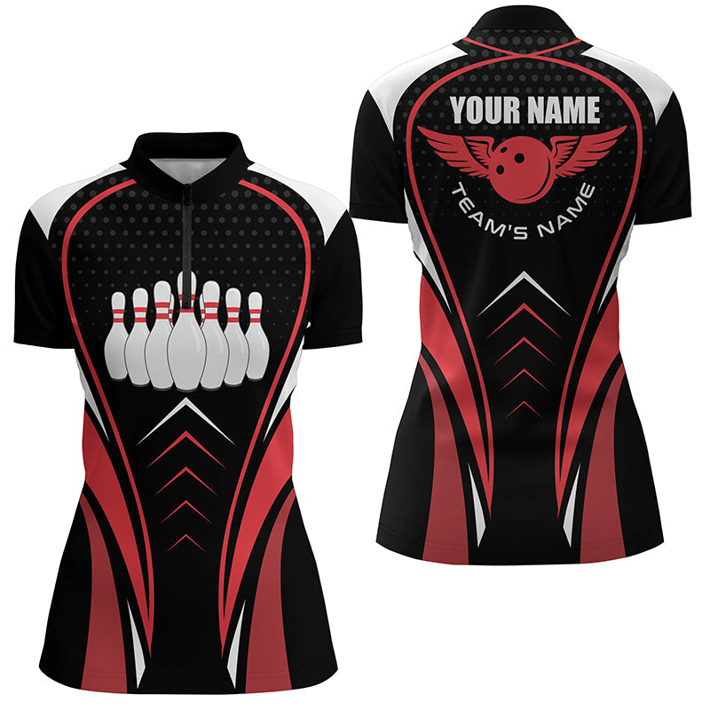 Women's Custom Red, White & Black Bowling Quarter Zip Jersey N6539