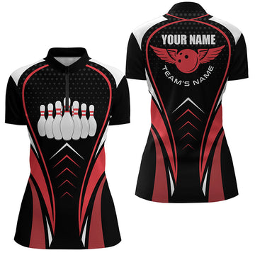Women's Custom Red, White & Black Bowling Quarter Zip Jersey N6539