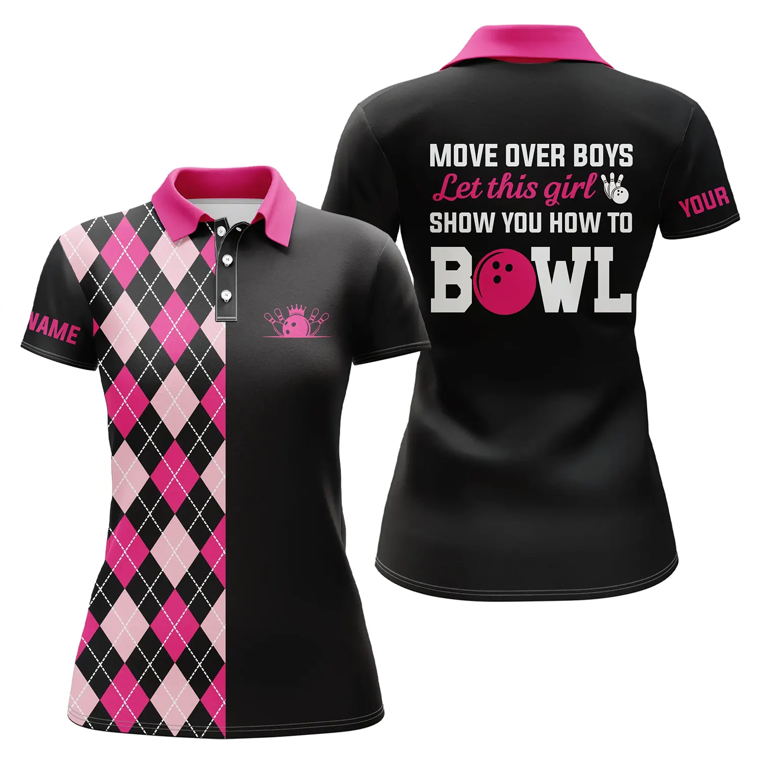 Women's Pink Bowling Polo Shirt - Custom 'Move Over Boys' N4869