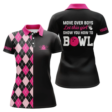 Women's Pink Bowling Polo Shirt - Custom 'Move Over Boys' N4869