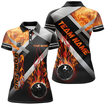 Women's Black Flame Bowling Polo Shirt - Custom Team Jersey N7432