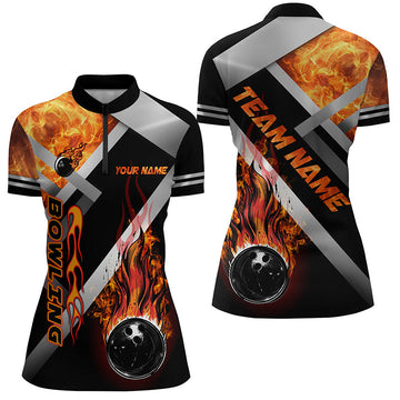 Women's Black Flame Bowling Quarter Zip Shirt N7432