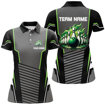 Green Flame Women's Bowling Polo 1/4 Zip Shirt - Custom Black Team Jersey N7590
