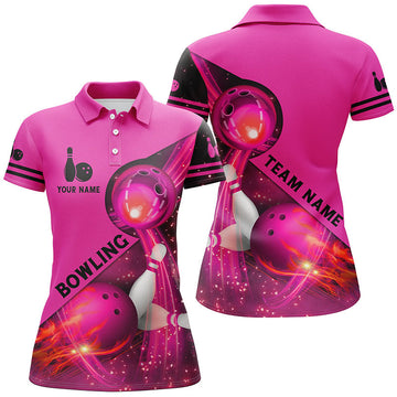 Women's Custom Pink Flame Bowling Polo Shirt N6541