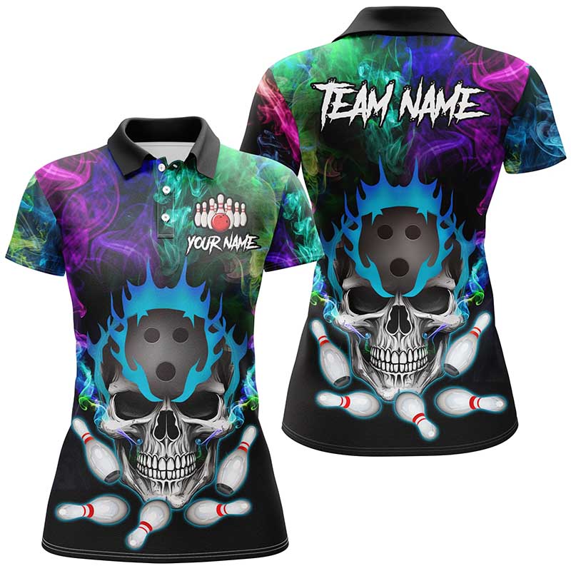 Women's Custom Bowling Polo - Colourful Smoke Skull, Quarter Zip N8015