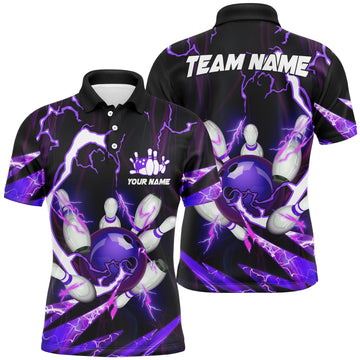 Custom Purple Bowling Polo Shirt for Men - Flame Lightning Thunder Theme N6550