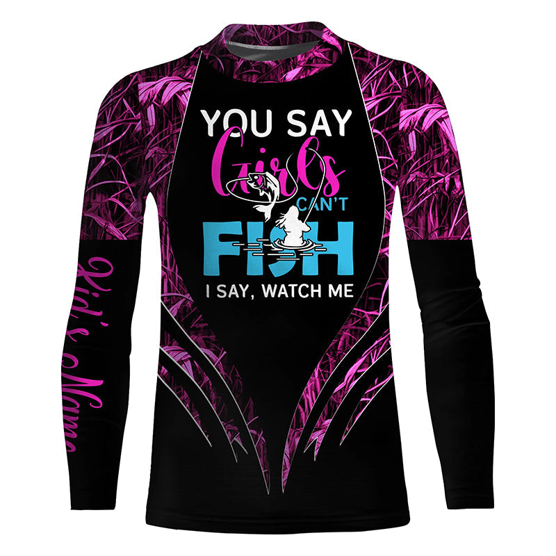 You say girls can't fish, i say watch me pink girl camo UV protection long sleeves fishing shirt for kid NPQ61
