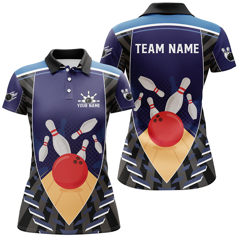 Women's Blue Retro Bowling Polo, Quarter Zip N7796