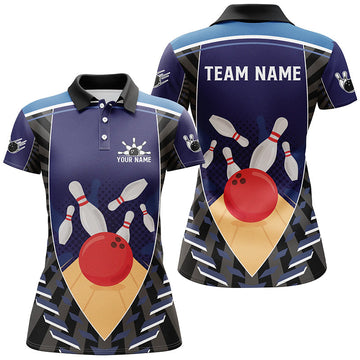 Women's Blue Retro Bowling Polo, Quarter Zip N7796